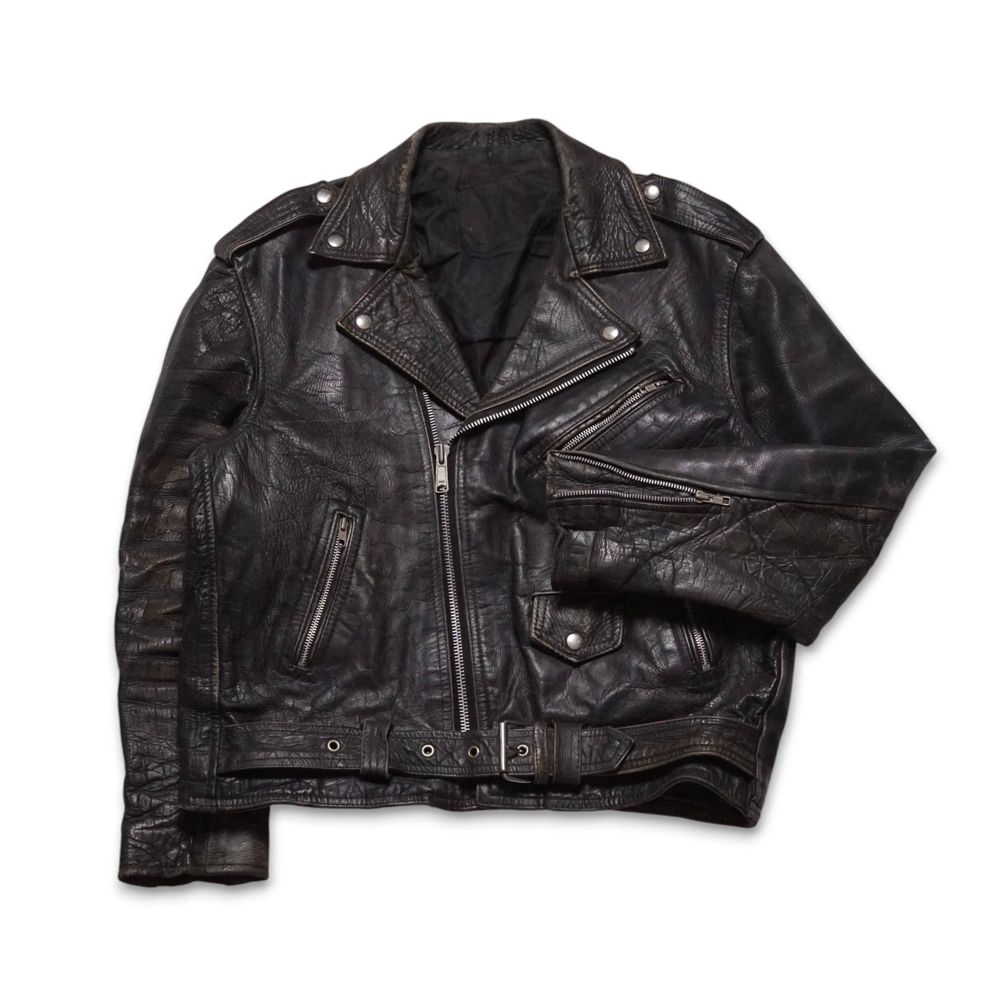 1980s Motorcycle Leather Jacket "Distressed" Size: L